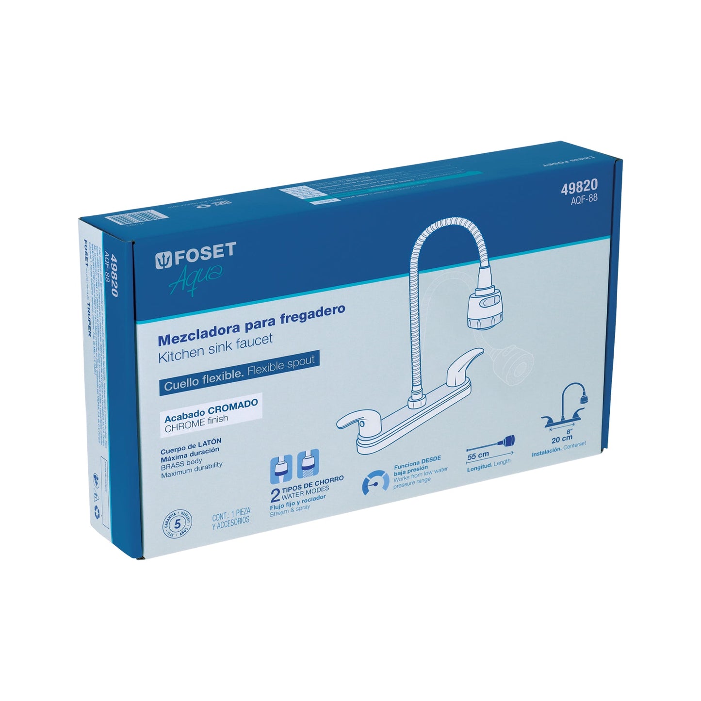 Mezcladora fregadero 8" cromo, cuello flexible, palanca,AQUA