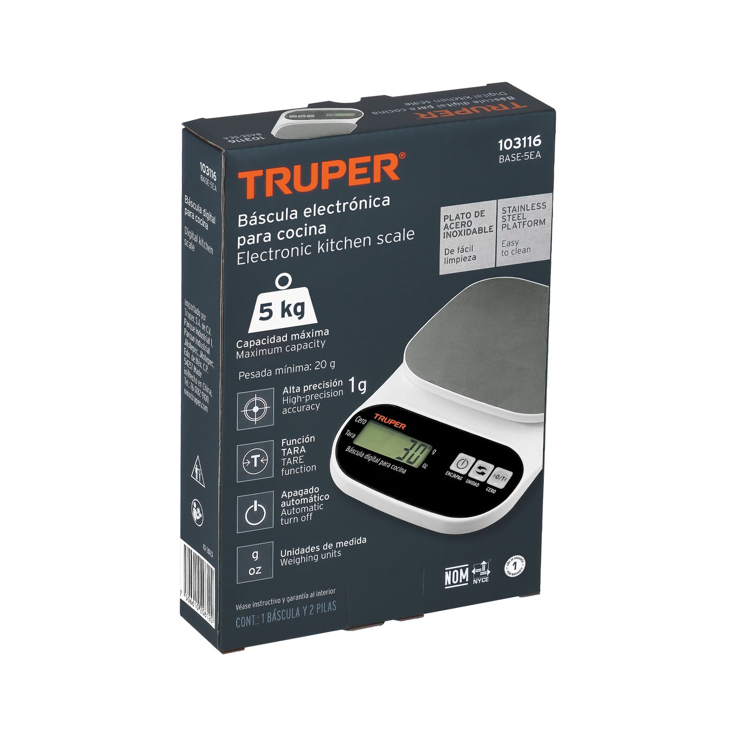 Báscula digital para cocina, plato de acero inox,5kg, Truper