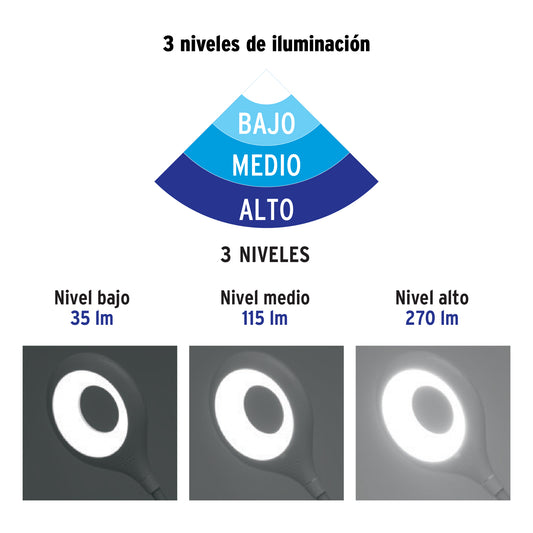 Lámpara escritorio LED 4 W recargable c/clip, 3 intensidades