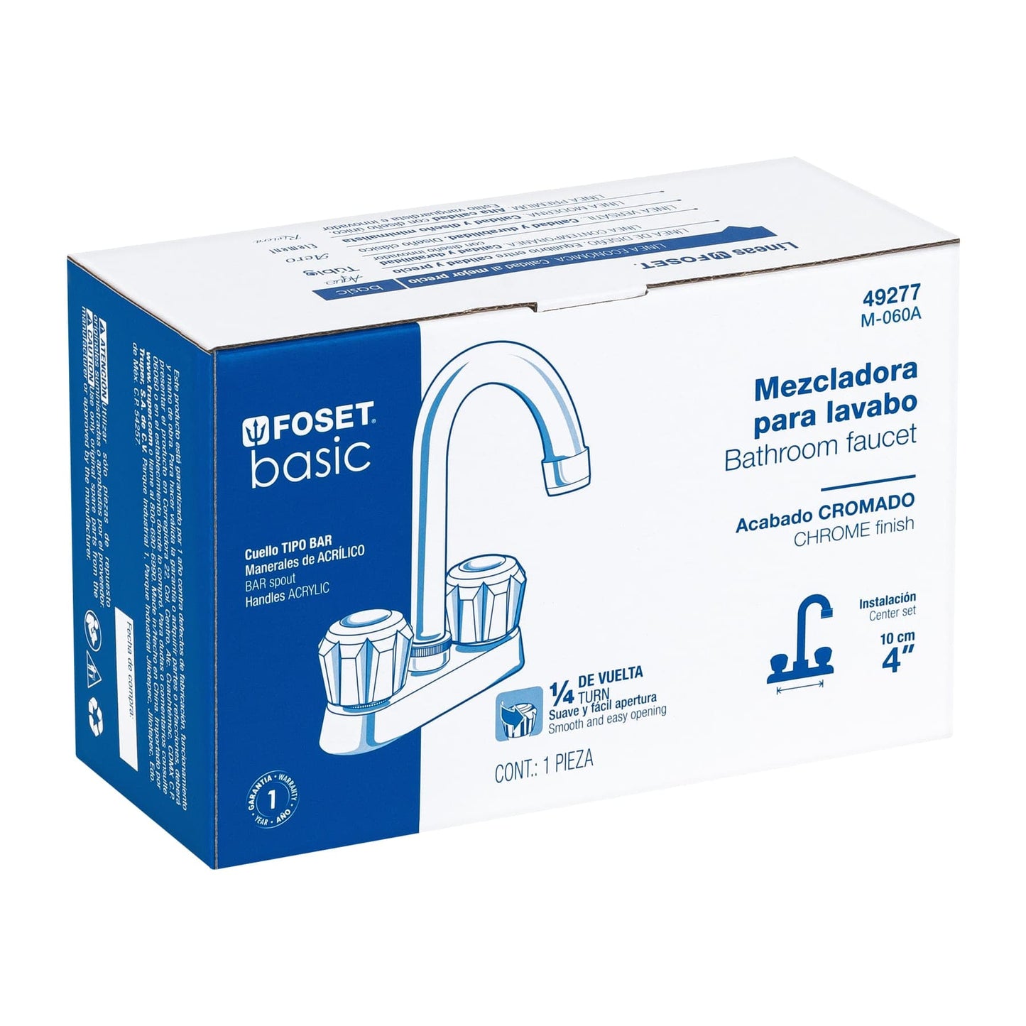 Mezcladora 4" para lavabo, cuello bar, manerales de acrílico