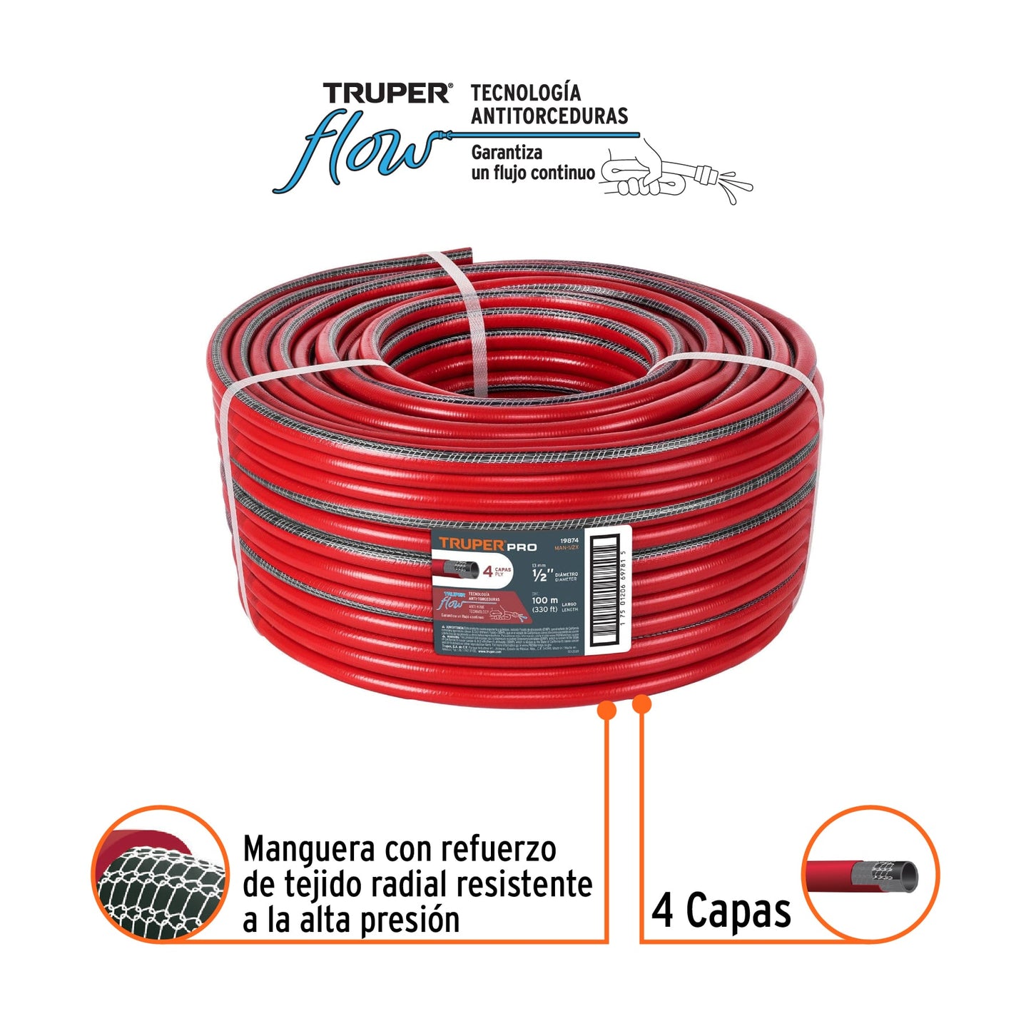 Metro de manguera 1/2" 4 capas en rollo de 100 m, Truper