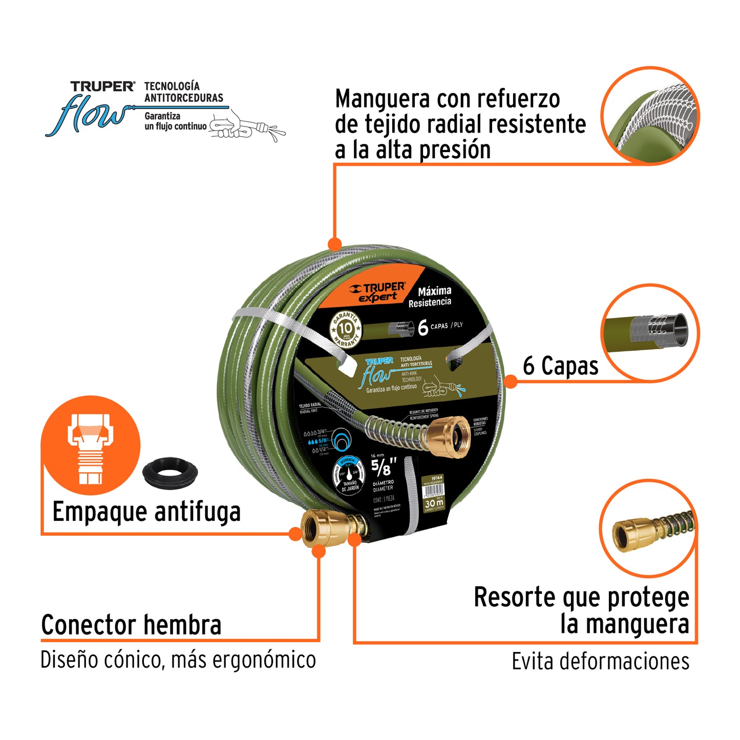 Manguera 5/8" anti-torceduras 6 capas 30m conexiones d/metal