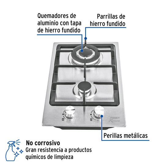 Parrilla gas empotrable 30cm, 2 quem, acero inox, RIVIERA