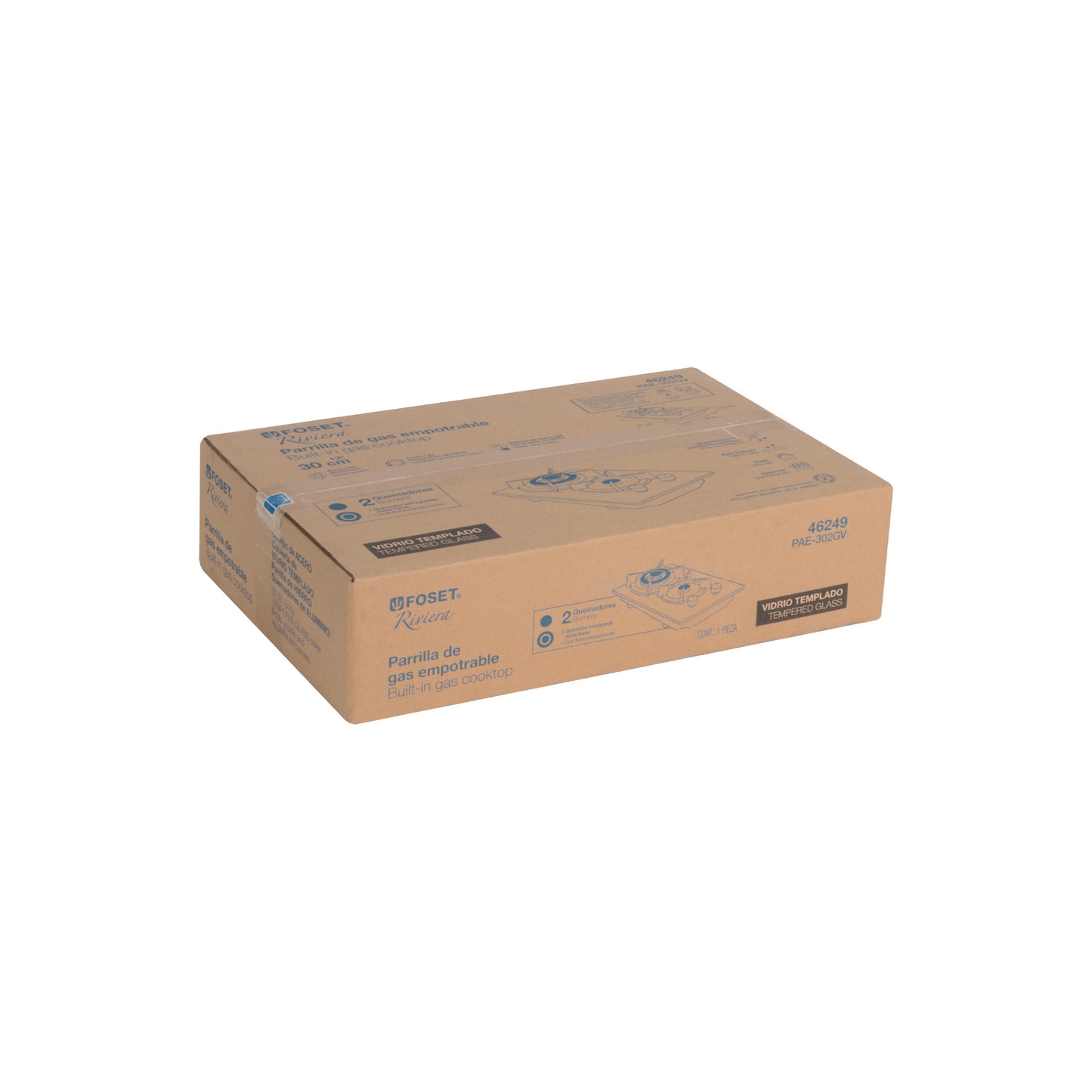 Parrilla gas empotrable 30cm, 2 quem, vidrio negro, RIVIERA