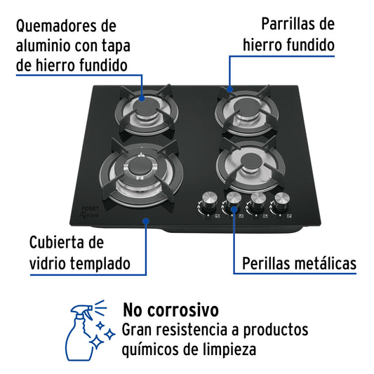 Parrilla gas empotrable 60cm, 4 quem, vidrio negro, RIVIERA