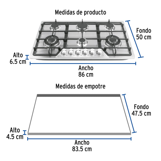 Parrilla gas empotrable 90cm, 6 quem, acero inox, RIVIERA