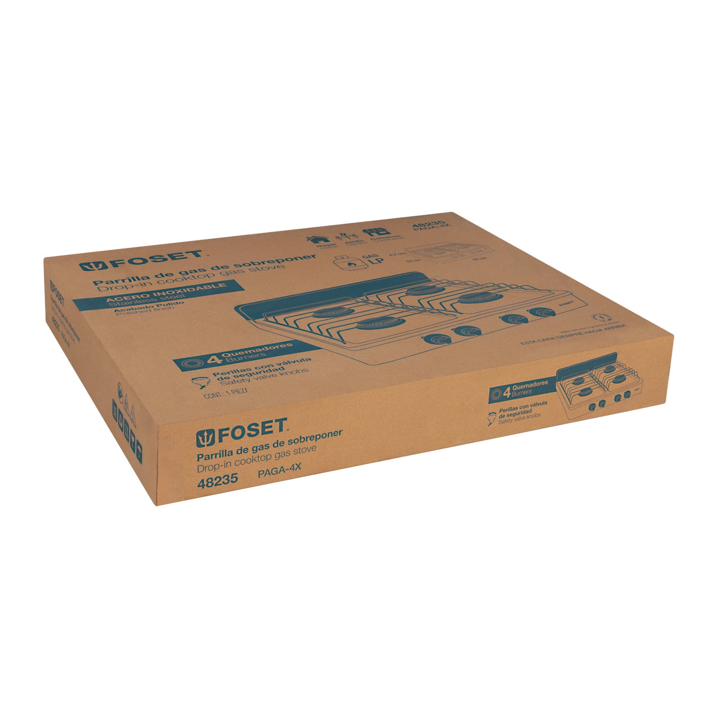 Parrilla de gas de sobreponer 4 quemadores, inox, FOSET