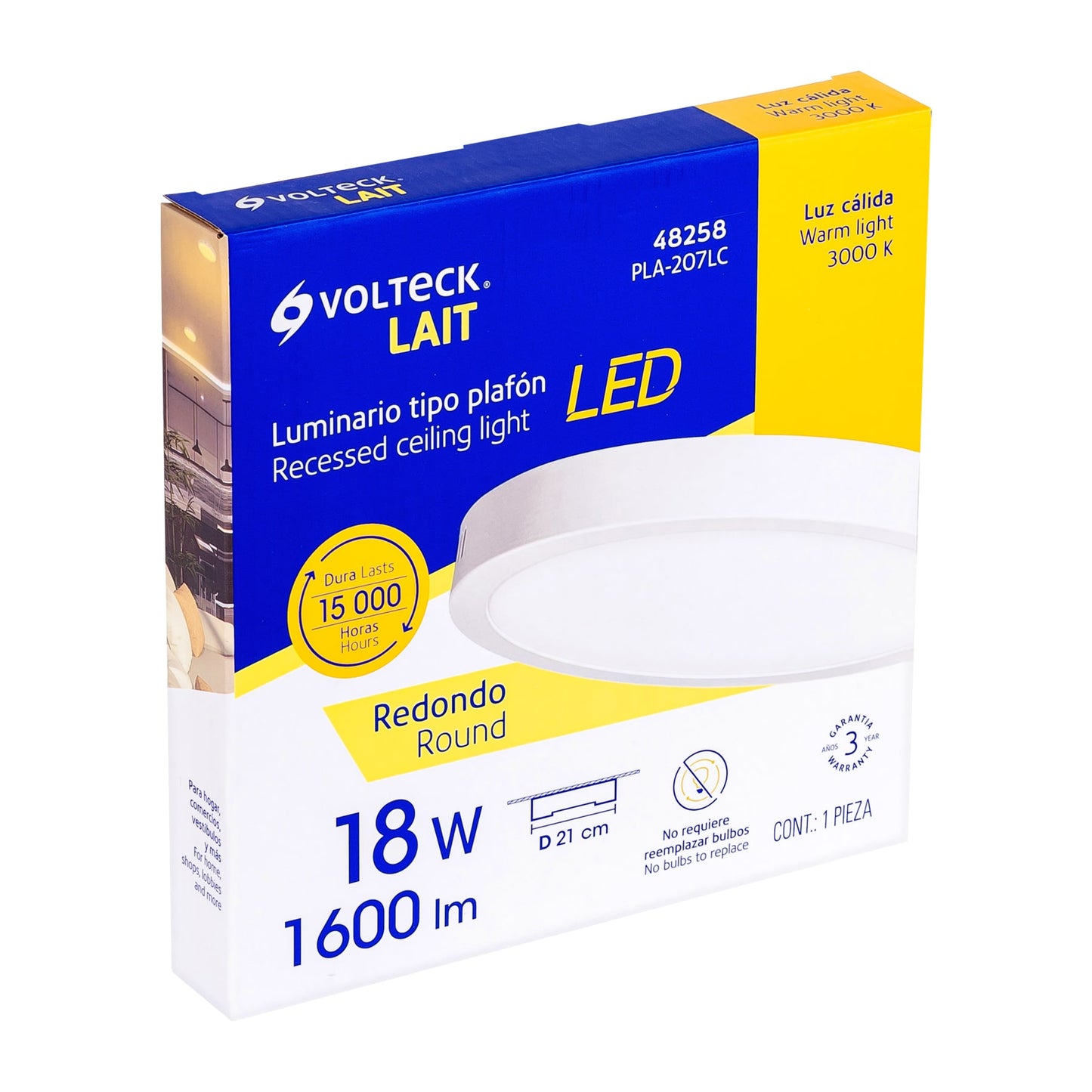 Luminario LED Luz Calida plafón18W 3000K, redondo, blanco, VOLTECK