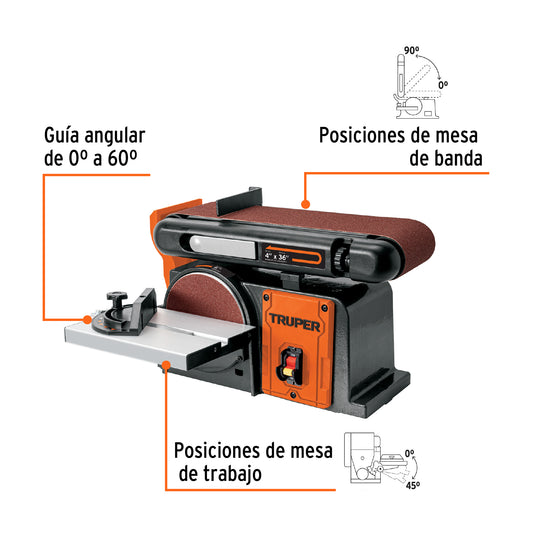 Lijadora de banda y disco 4 x 6", 1/2 HP (375 W), Truper