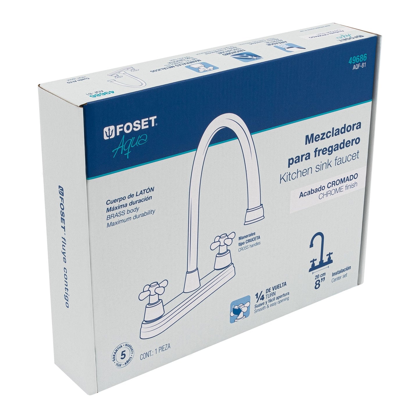 Mezcladora fregadero 8" cromo, cuello largo, cruceta, AQUA