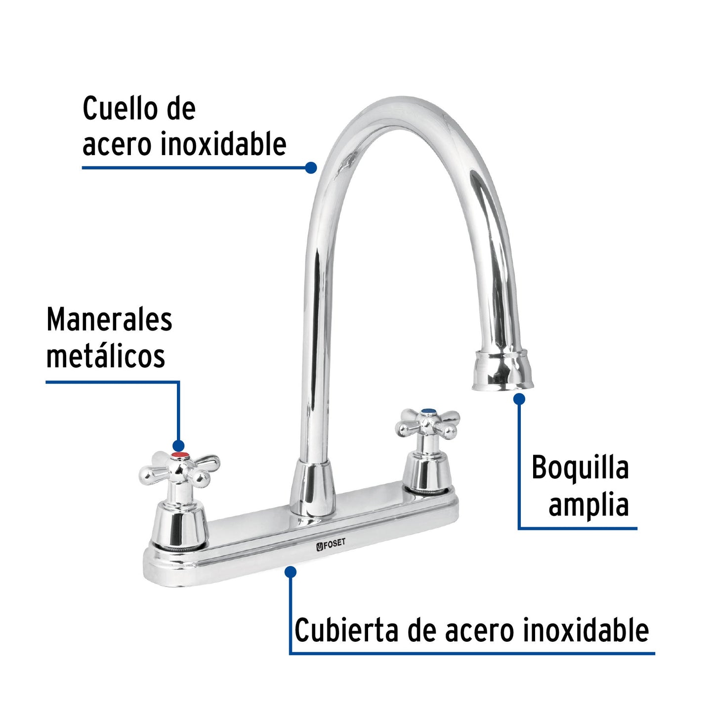 Mezcladora fregadero 8" cromo, cuello largo, cruceta, AQUA