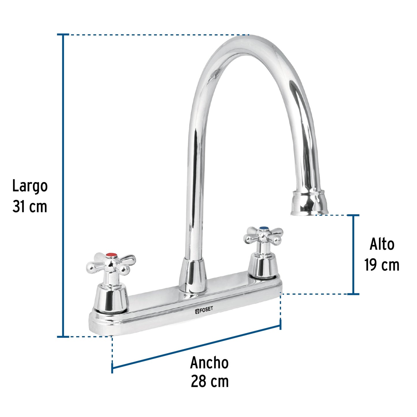 Mezcladora fregadero 8" cromo, cuello largo, cruceta, AQUA