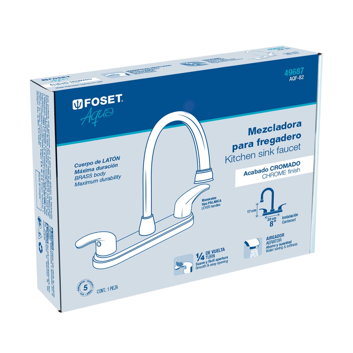 Mezcladora fregadero 8" cromo, cuello largo, palanca, AQUA