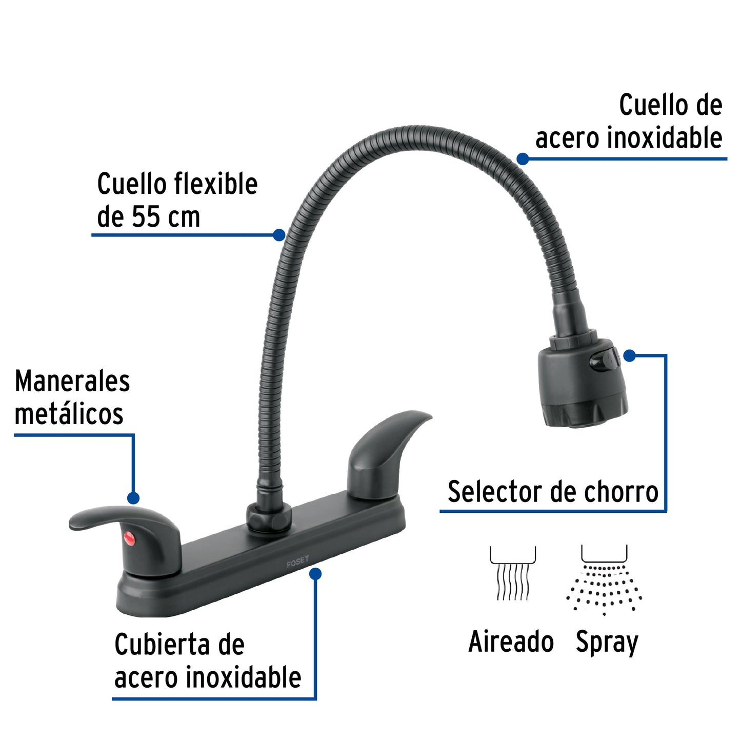 Mezcladora 8" p/fregadero, flexible, palanca, negro, AQUA