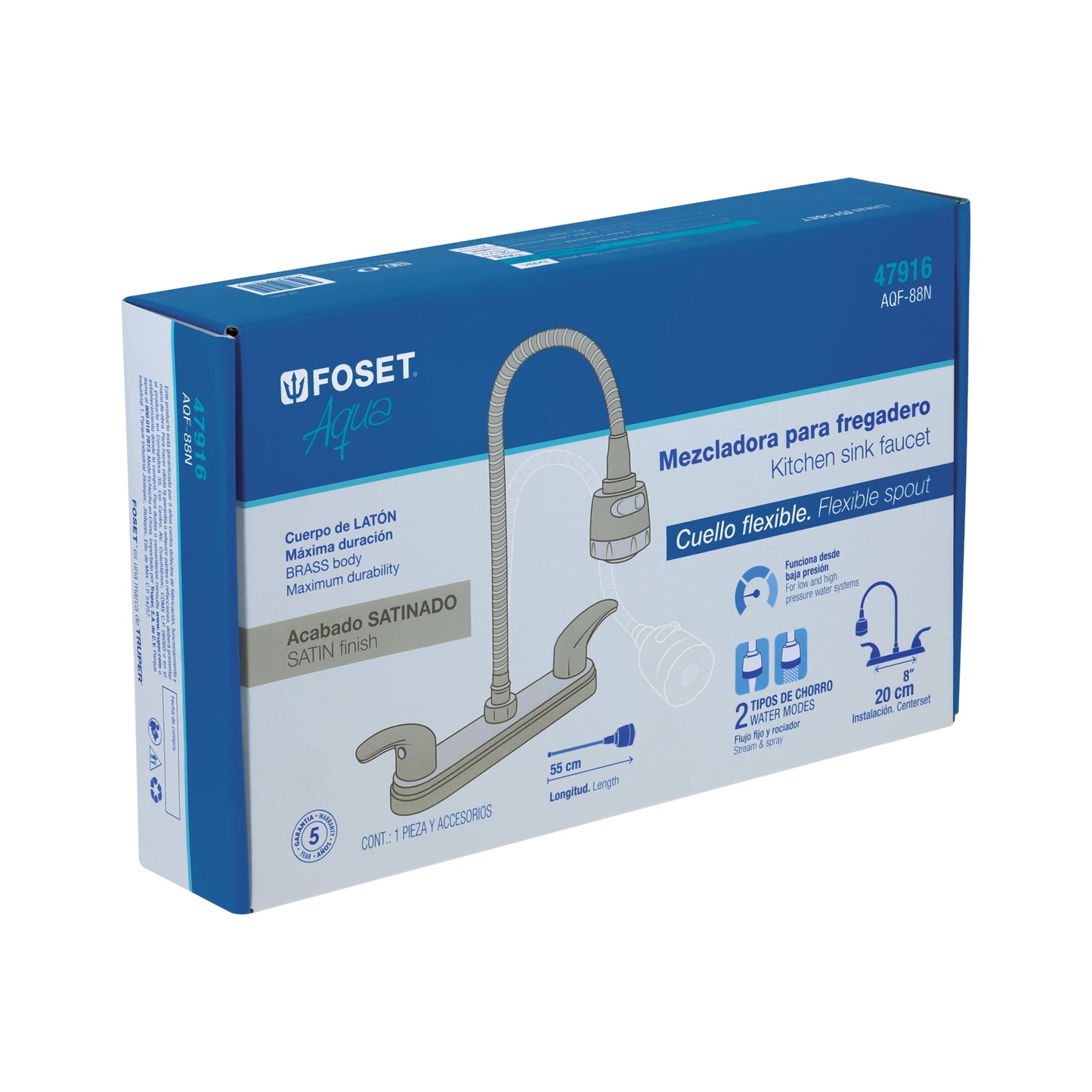 Mezcladora 8" p/fregadero, flexible, palanca, satinada, AQUA