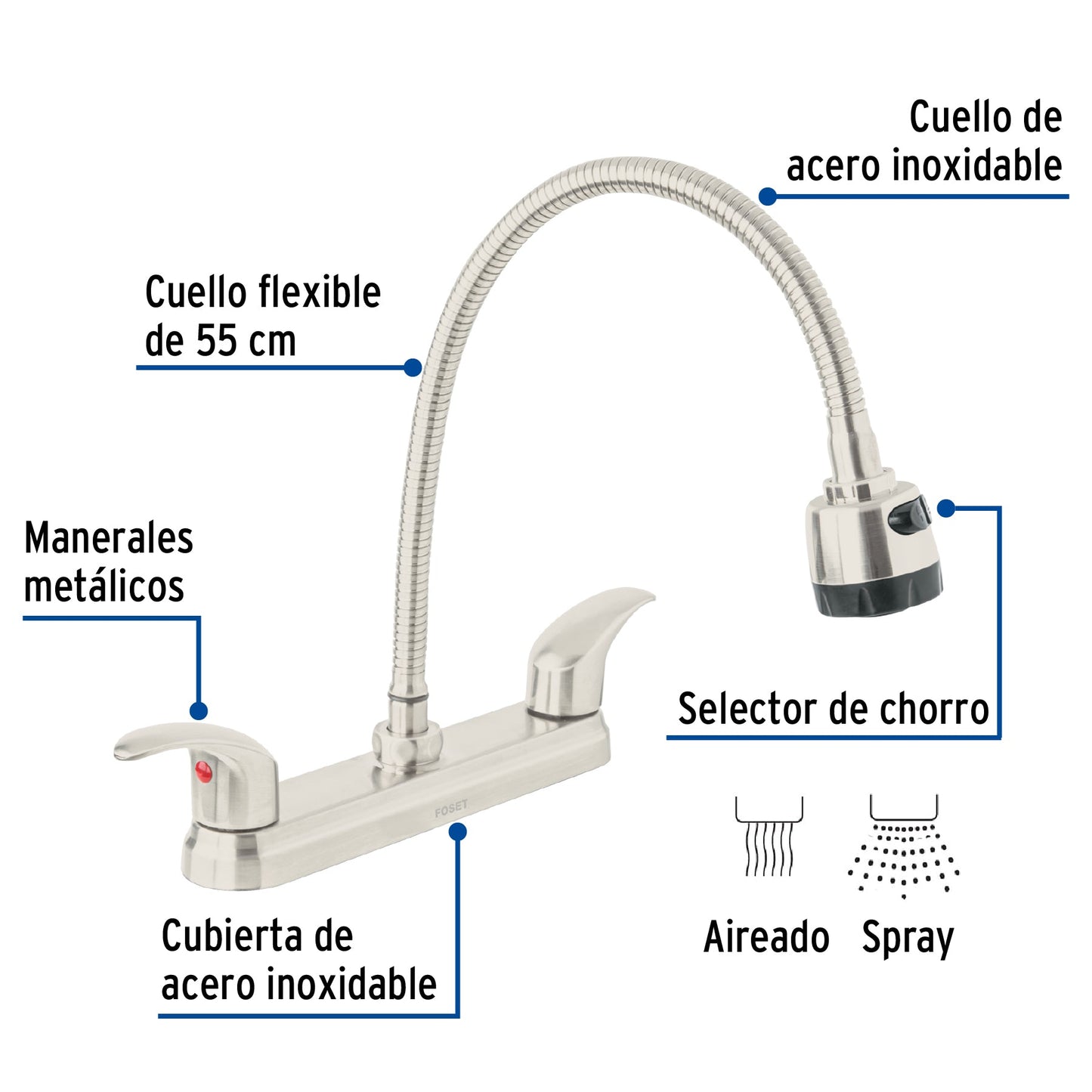 Mezcladora 8" p/fregadero, flexible, palanca, satinada, AQUA