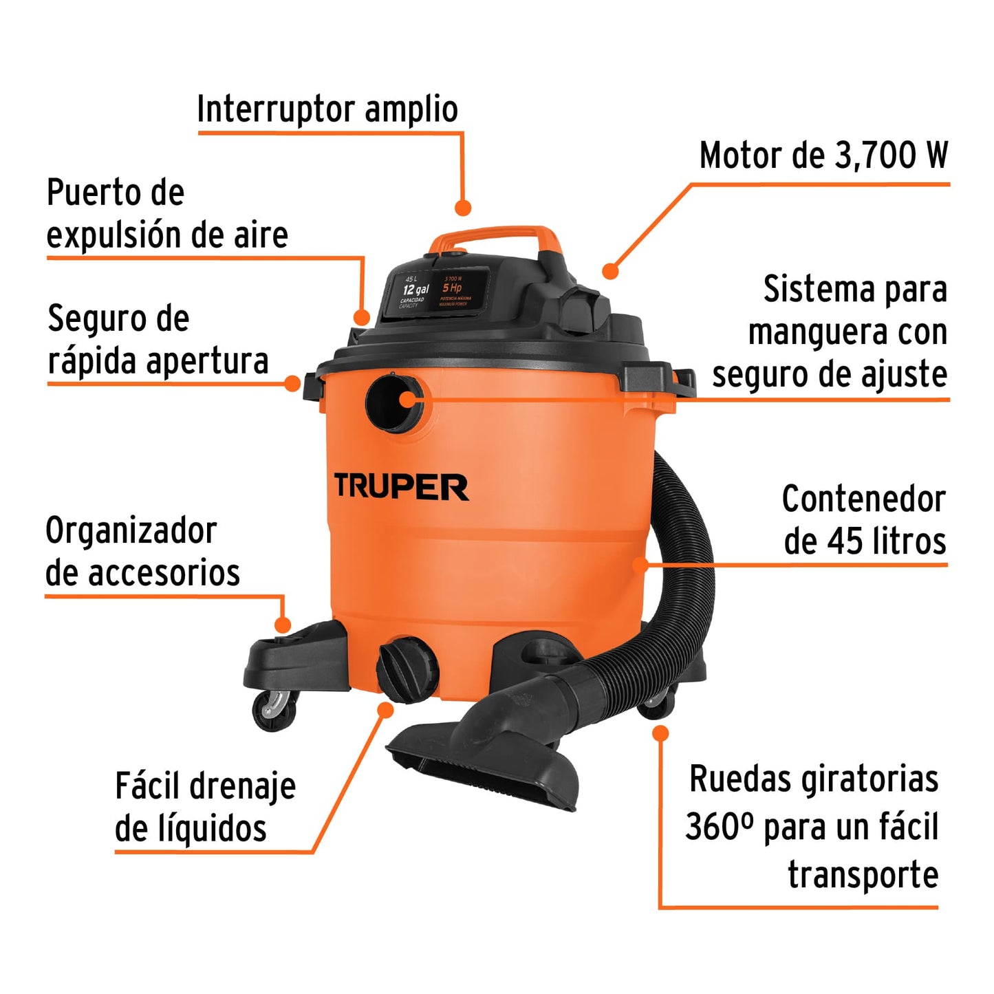 Aspiradora de sólidos y líquidos, 12 gal, plástica, TRUPER