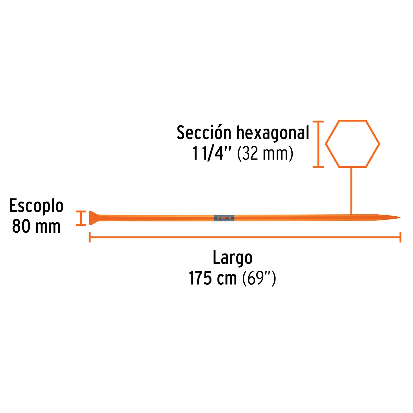 Barreta de punta de 1-1/4" x 175 cm, alcance 80 mm, Truper