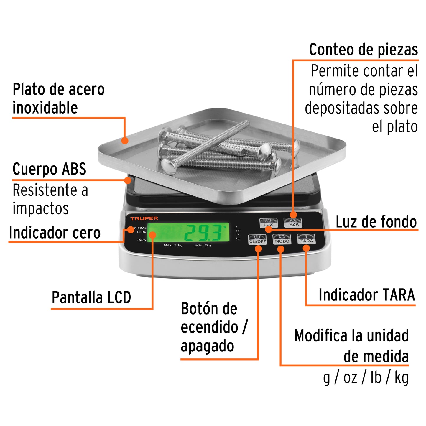 Báscula electrónica de precisión, recargable, 3 kg, Truper