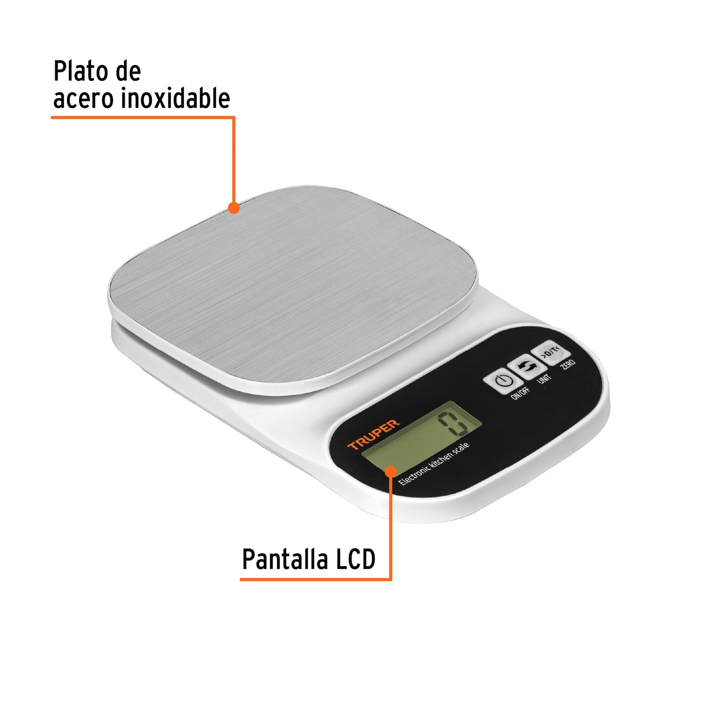 Báscula digital para cocina, plato de acero inox,5kg, Truper