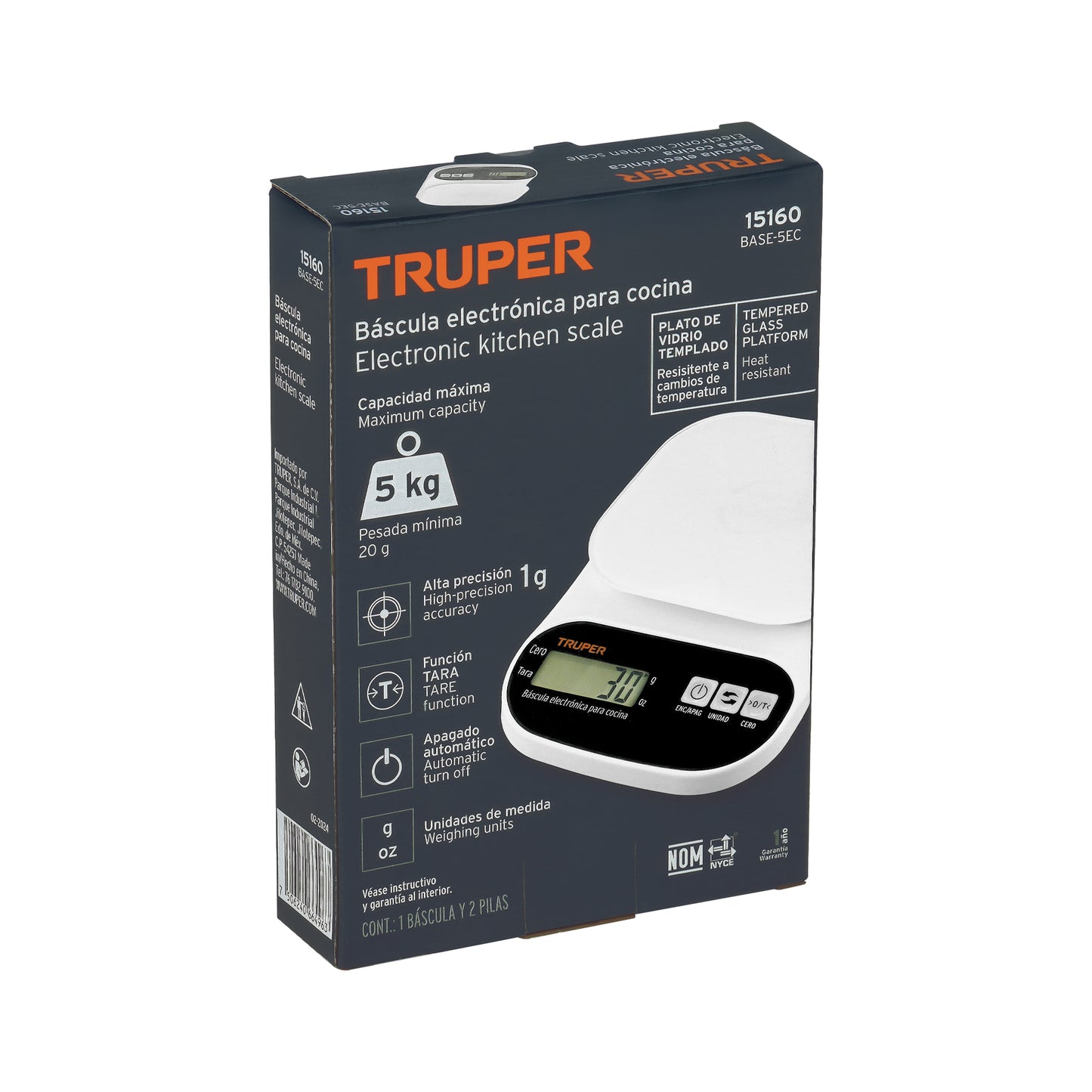 Báscula digital para cocina, plato de vidrio, 5 kg, Truper