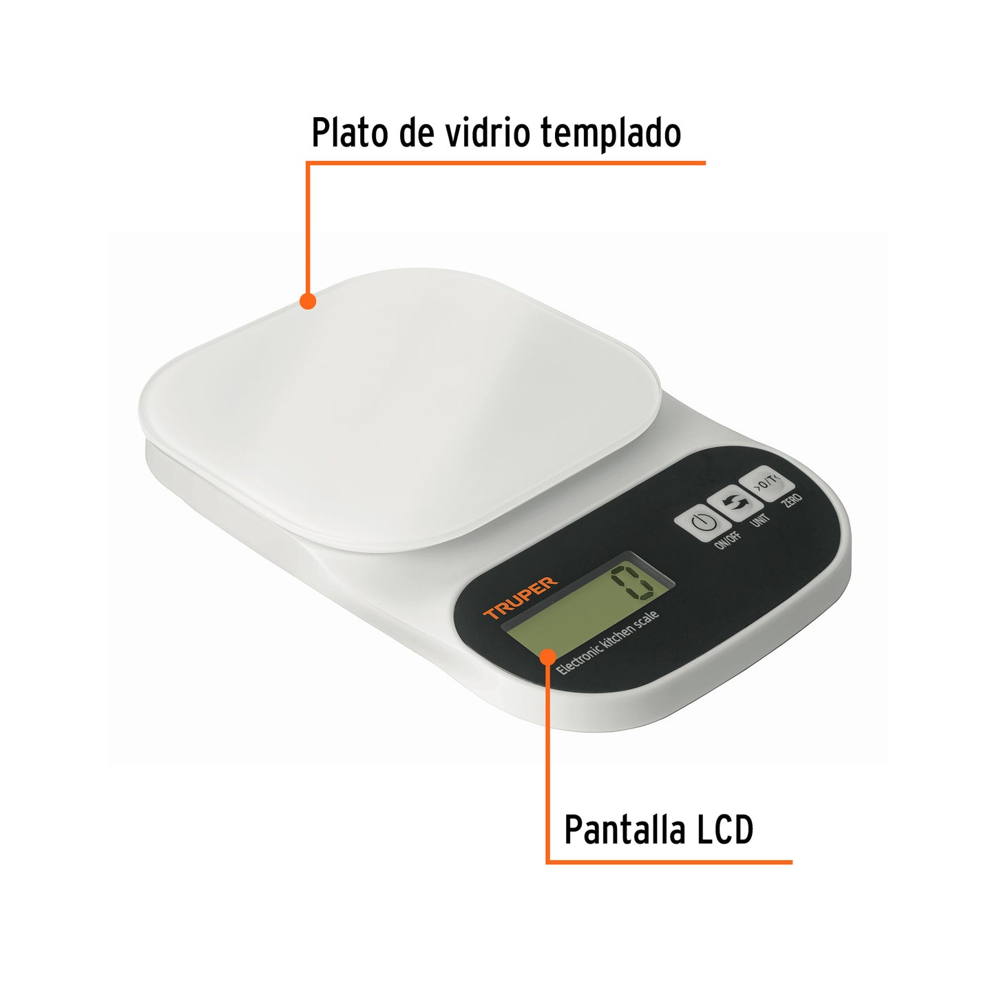 Báscula digital para cocina, plato de vidrio, 5 kg, Truper