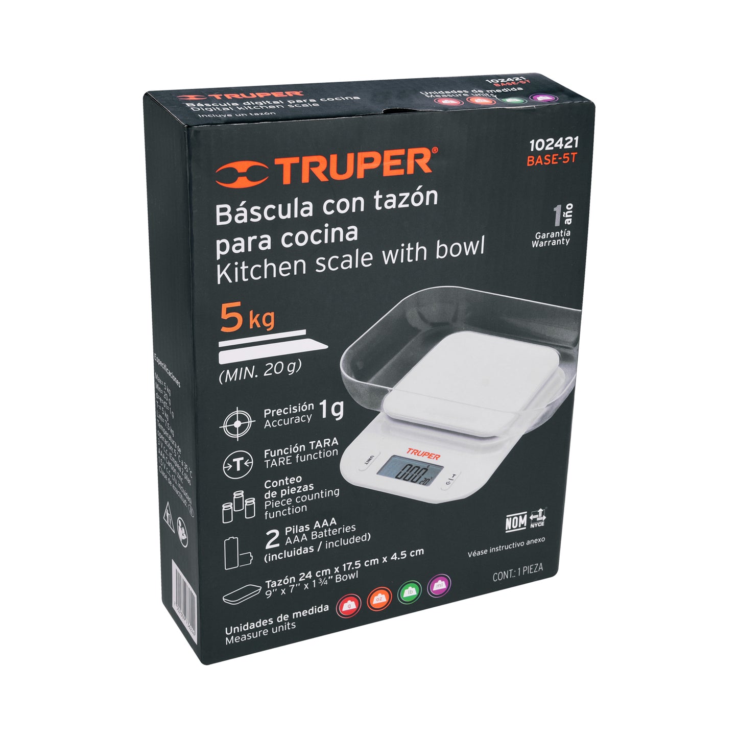 Báscula digital para cocina, con tazón, 5 kg, Truper