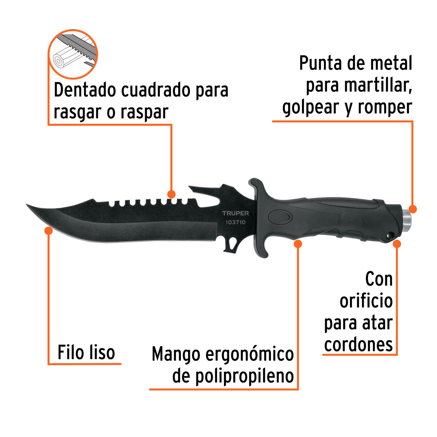 Cuchillo táctico para campismo 7", TRUPER