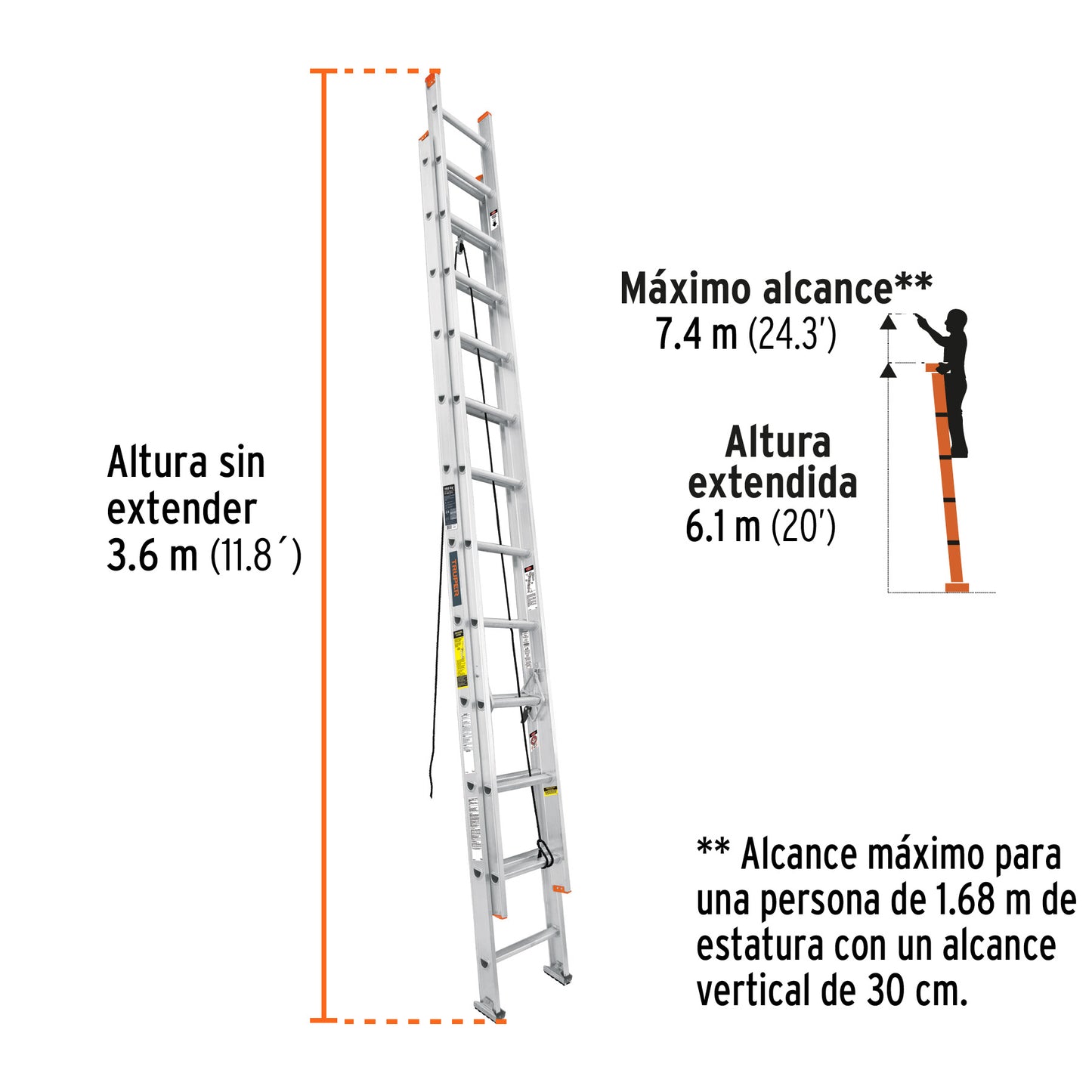 Escalera de extensión, tipo II, 24 peldaños, Truper