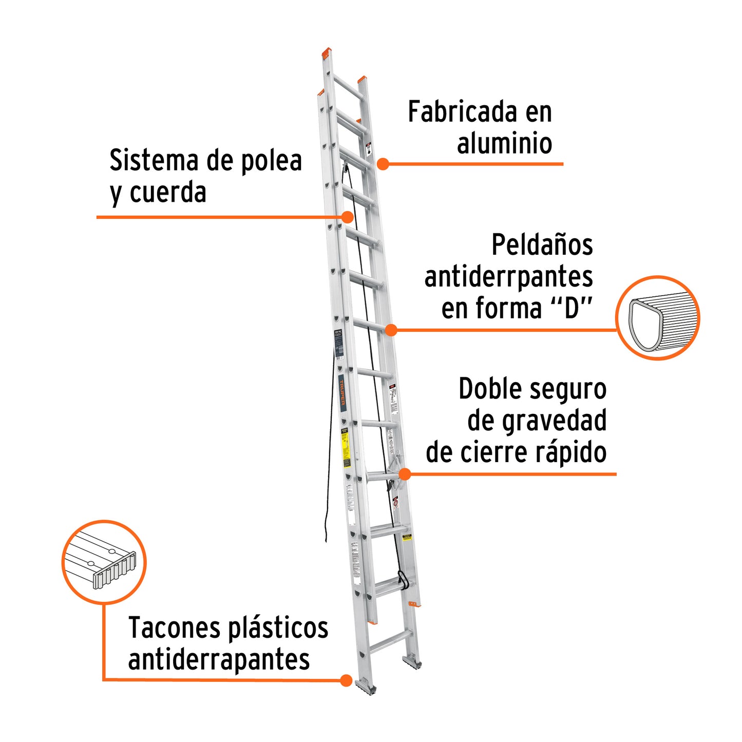 Escalera de extensión, tipo II, 24 peldaños, Truper