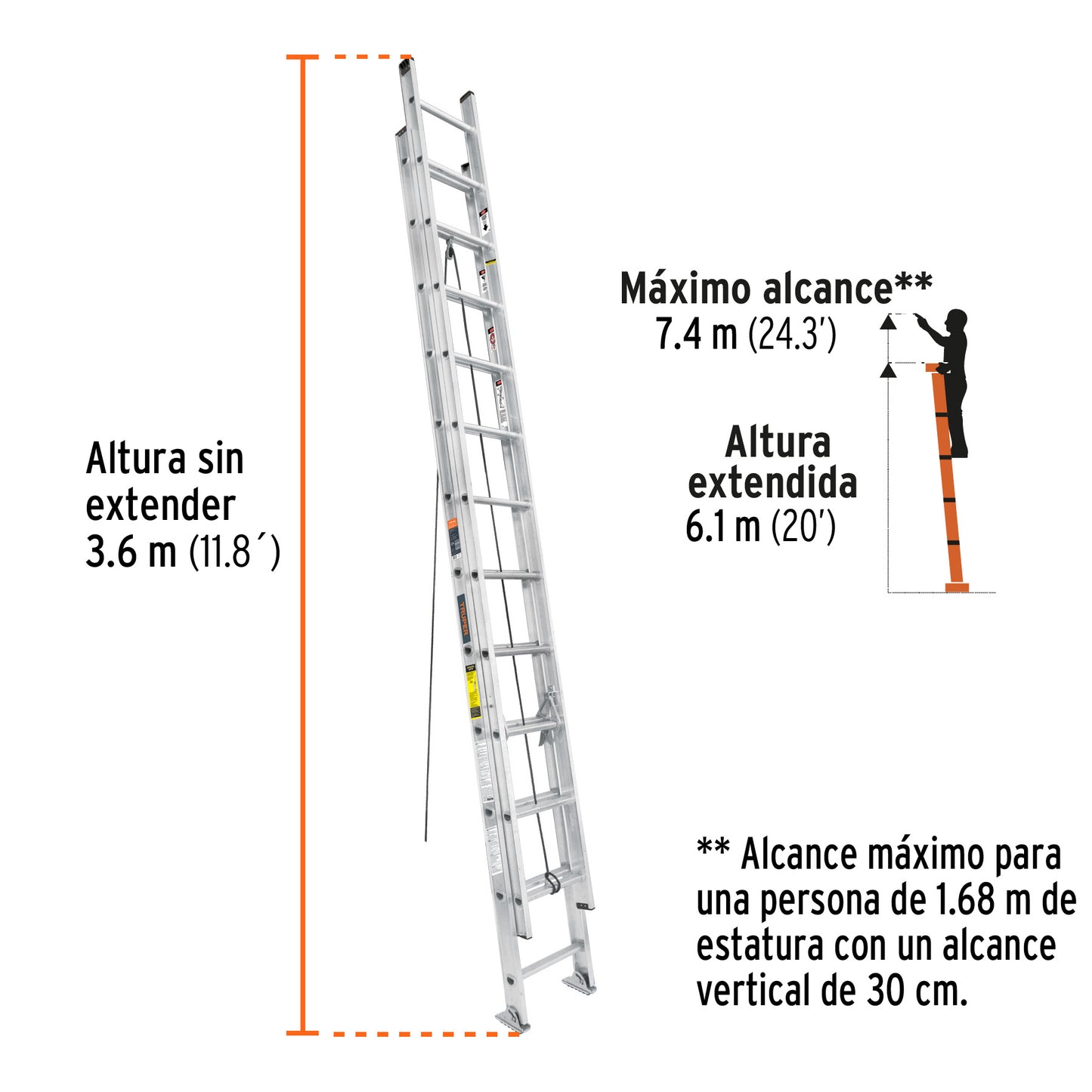Escalera de extensión, tipo III, 20 peldaños, Truper