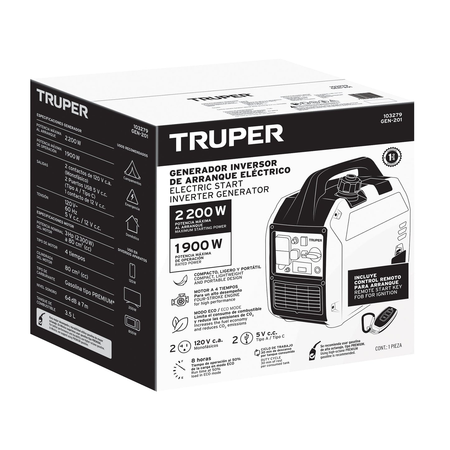 Generador silencioso inverter 2.2kW, 80 cc, enc. electrónico