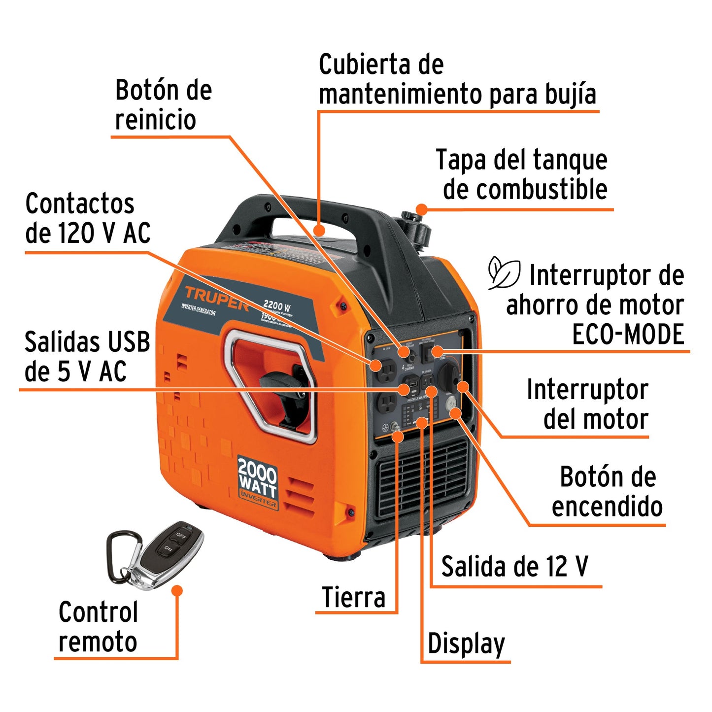 Generador silencioso inverter 2.2kW, 80 cc, enc. electrónico
