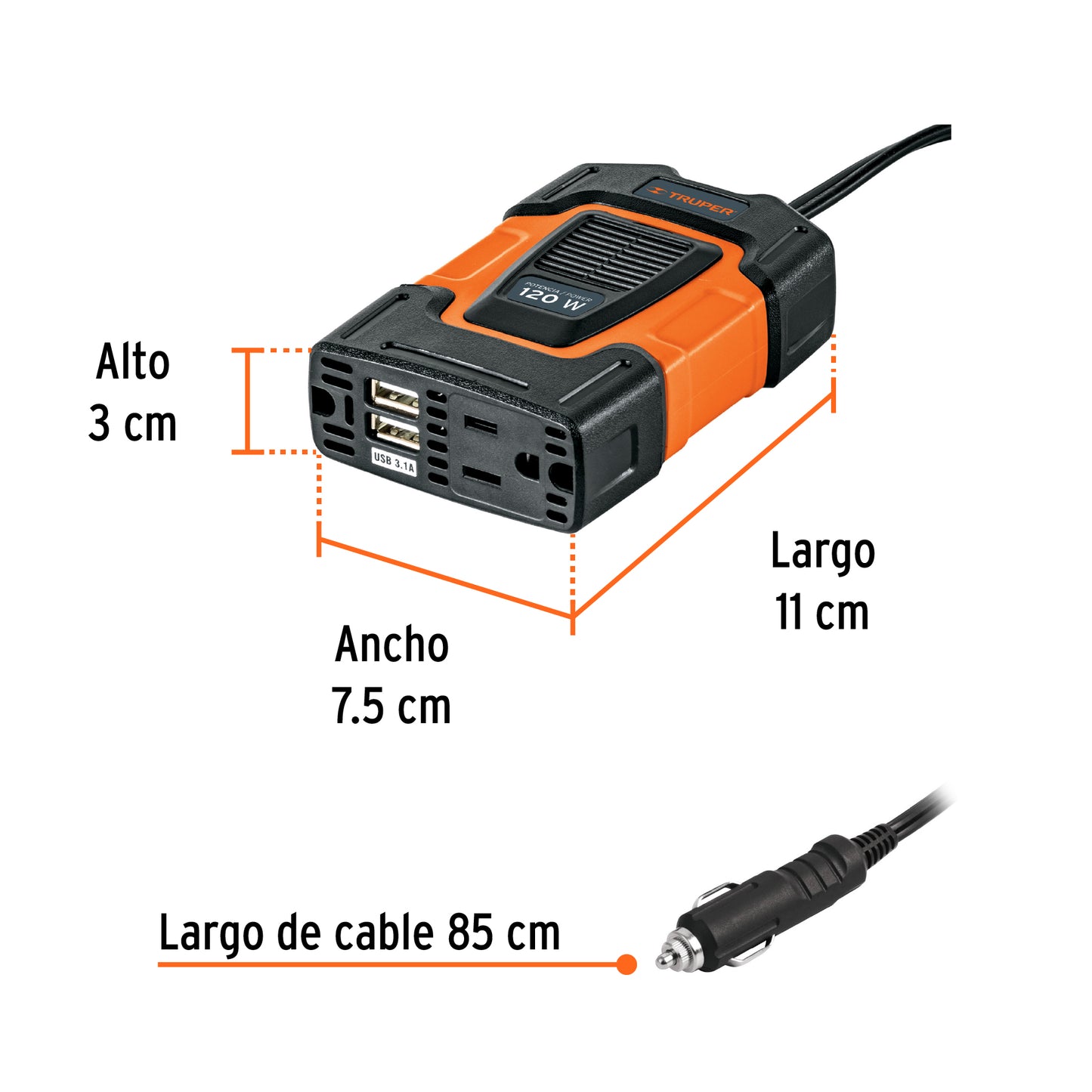 Inversor de corriente de 120 W con puertos USB, Truper