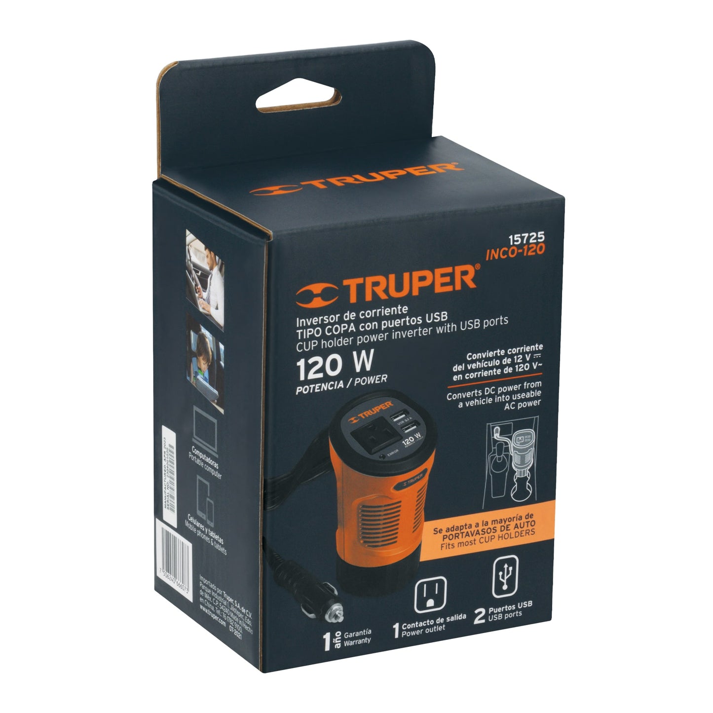 Inversor de corriente 120 W tipo vaso, 2 puertos USB, Truper