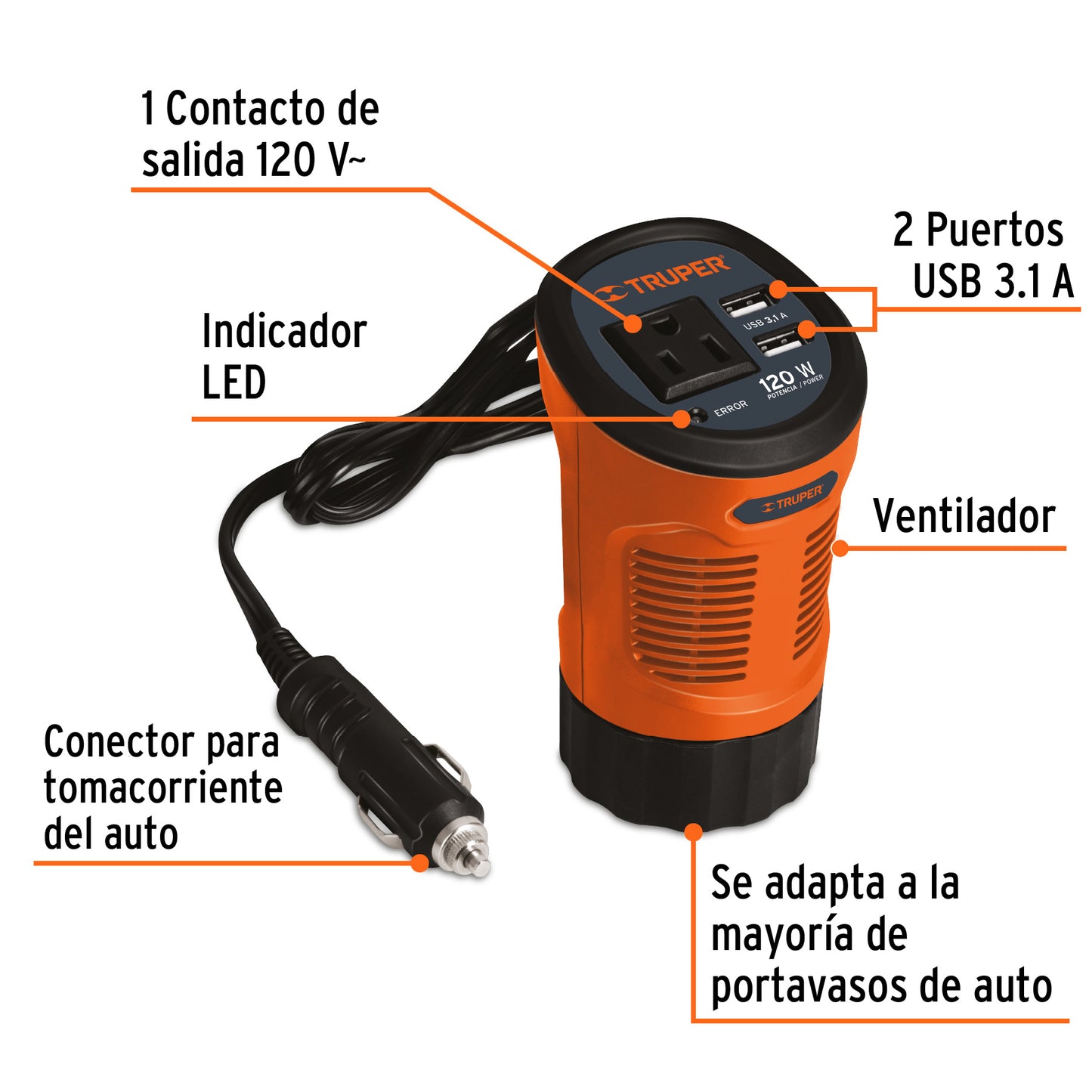 Inversor de corriente 120 W tipo vaso, 2 puertos USB, Truper