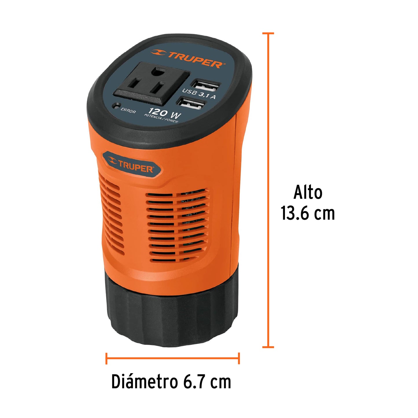 Inversor de corriente 120 W tipo vaso, 2 puertos USB, Truper