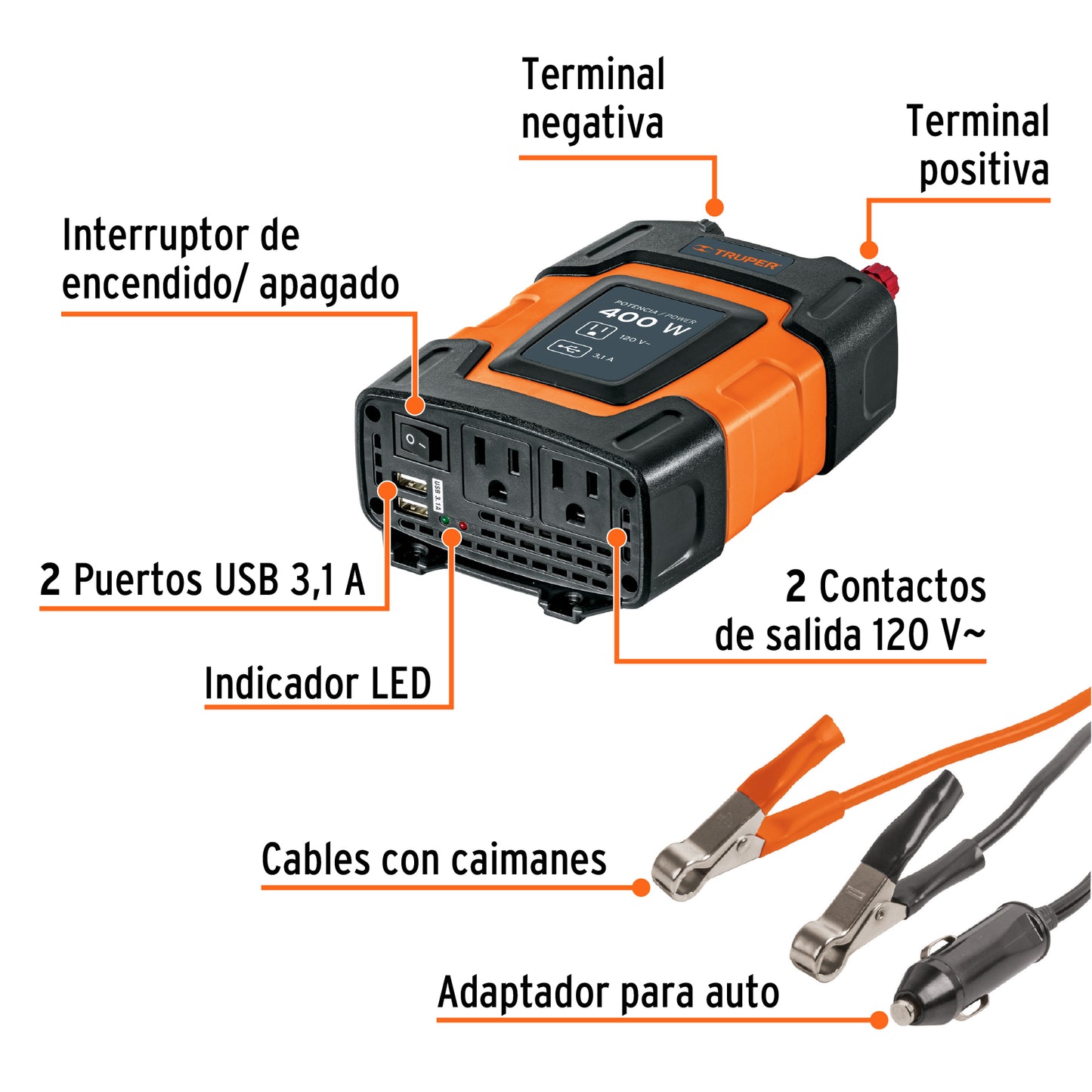 Inversor de corriente de 400 W con puertos USB, Truper