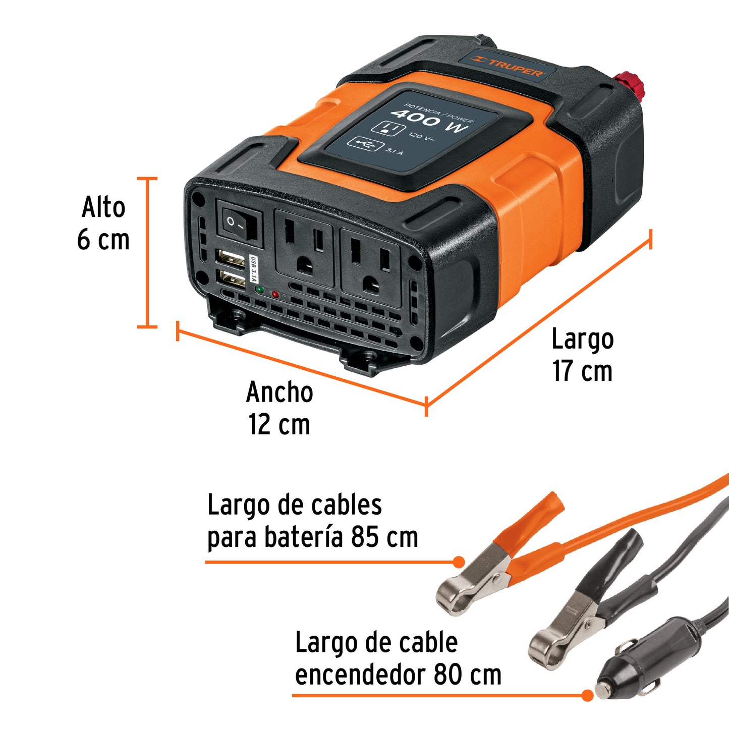 Inversor de corriente de 400 W con puertos USB, Truper