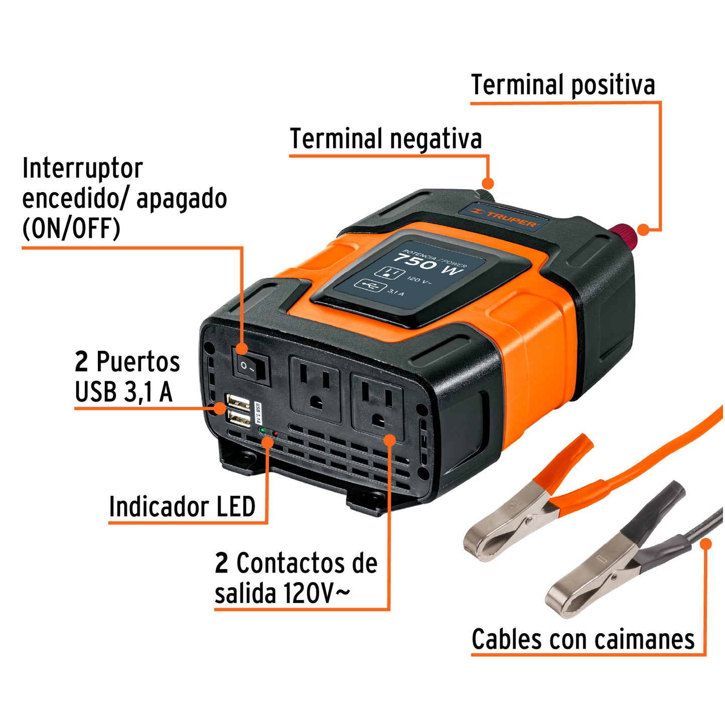 Inversor de corriente de 750 W con puertos USB, Truper