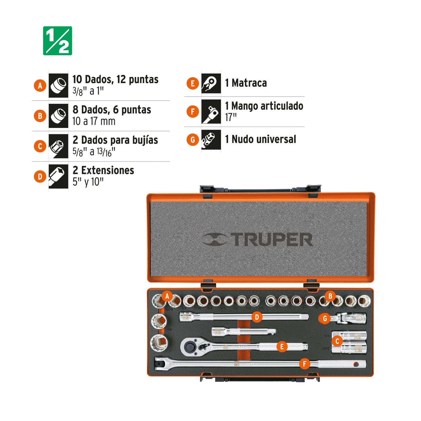 Juego de 25 herramientas cuadro 1/2" std y mm para mecánico