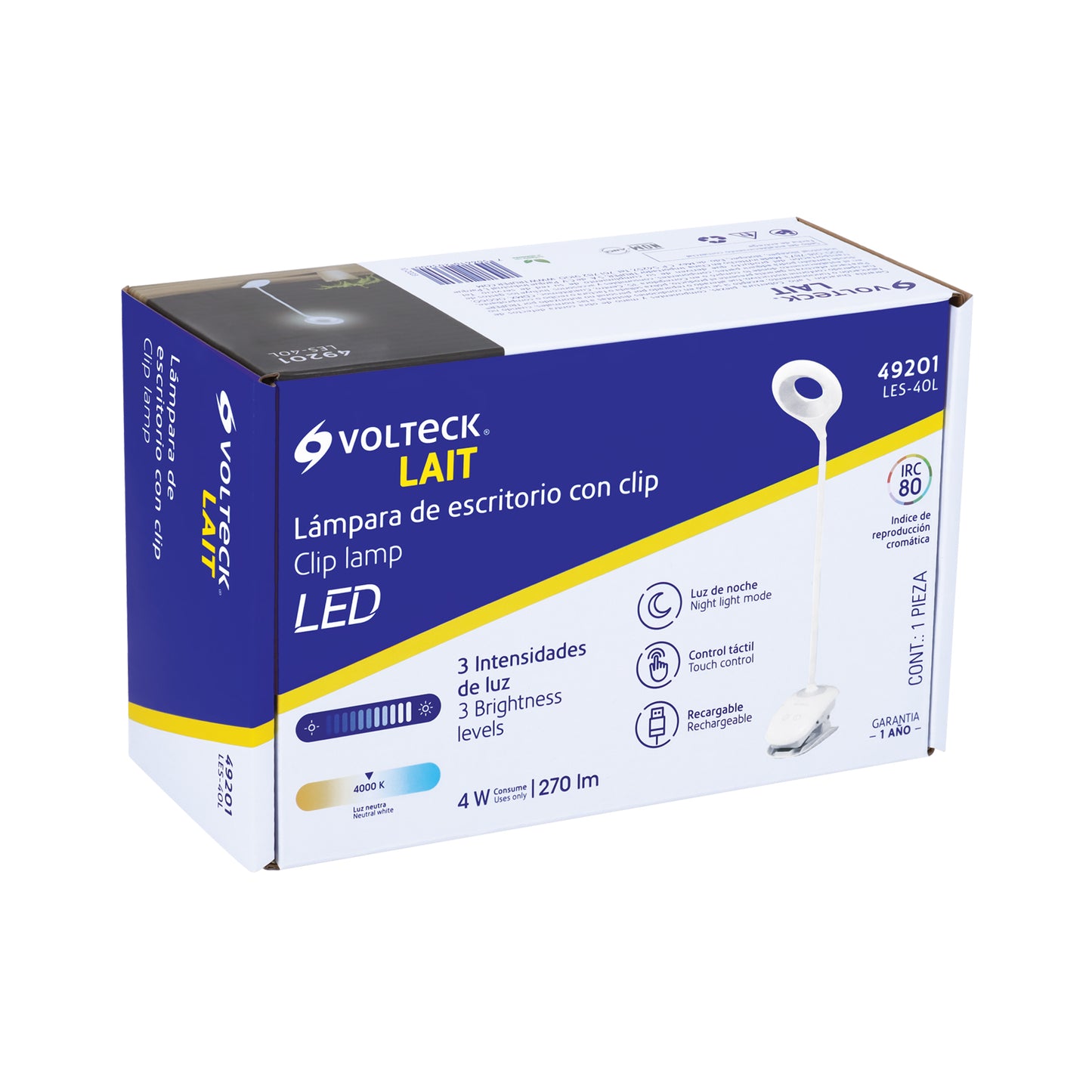 Lámpara escritorio LED 4 W recargable c/clip, 3 intensidades