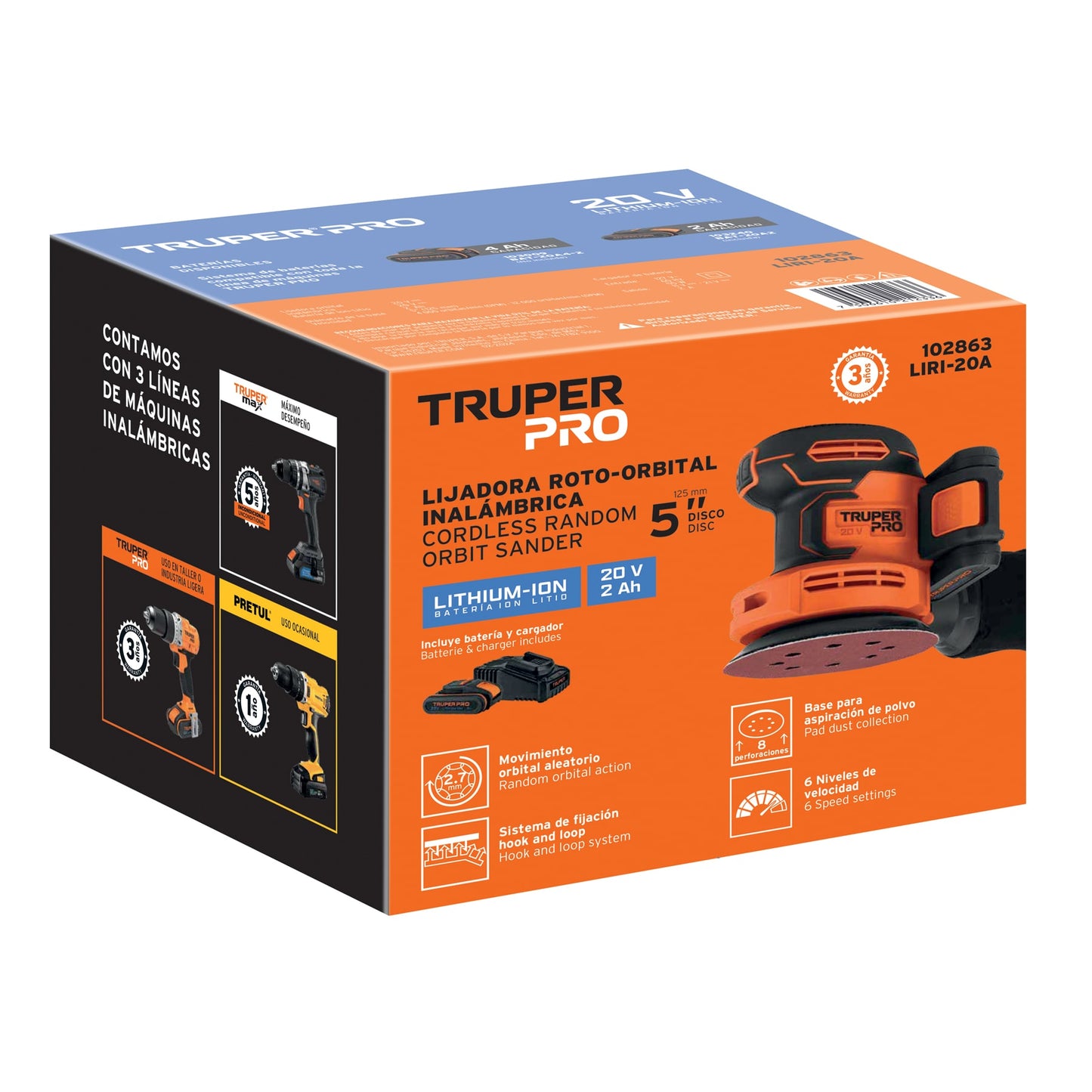 Lijadora roto-orbital 5", 20V, 1 batería 2Ah, TRUPER PRO