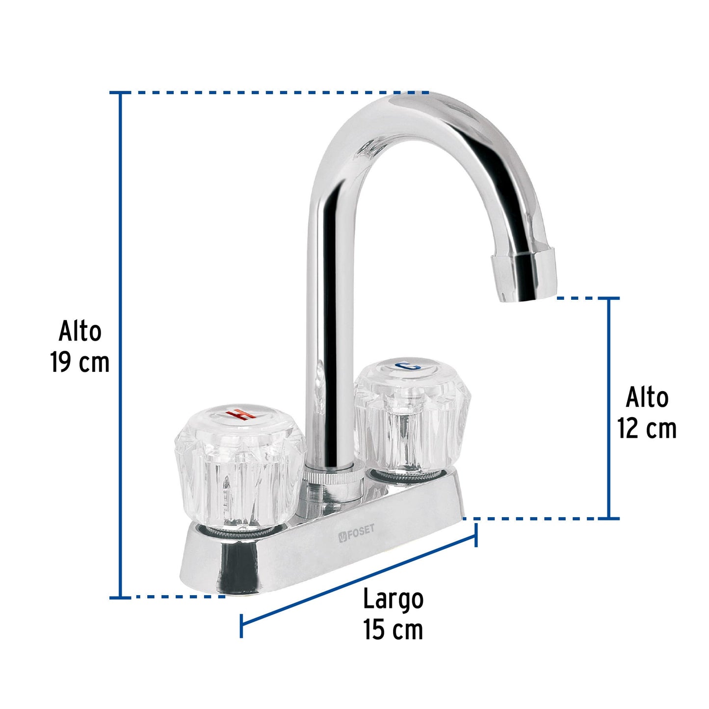 Mezcladora 4" para lavabo, cuello bar, manerales de acrílico