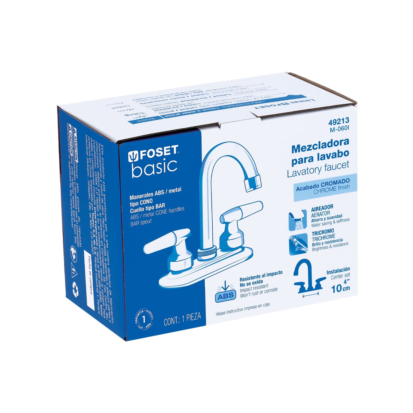 Mezcladora 4" para lavabo, cuello bar, manerales cono