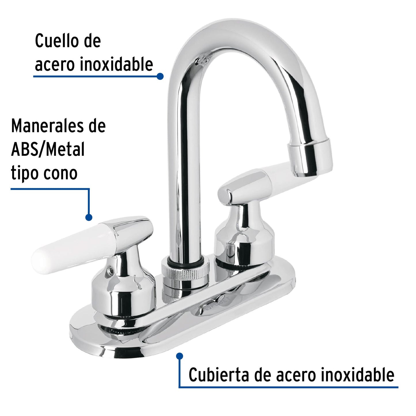 Mezcladora 4" para lavabo, cuello bar, manerales cono