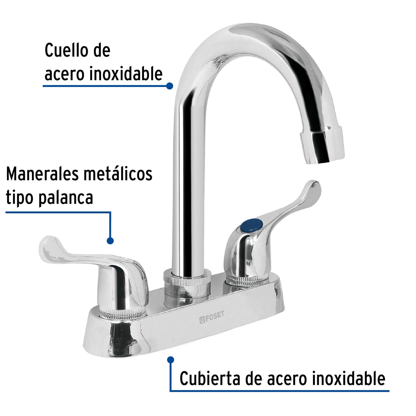 Mezcladora 4" para lavabo, barra de cuello, palancas manerales