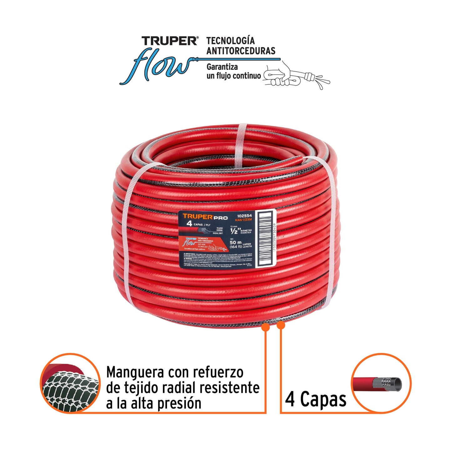 Metro de manguera 1/2" 4 capas en rollo de 50 m, Truper