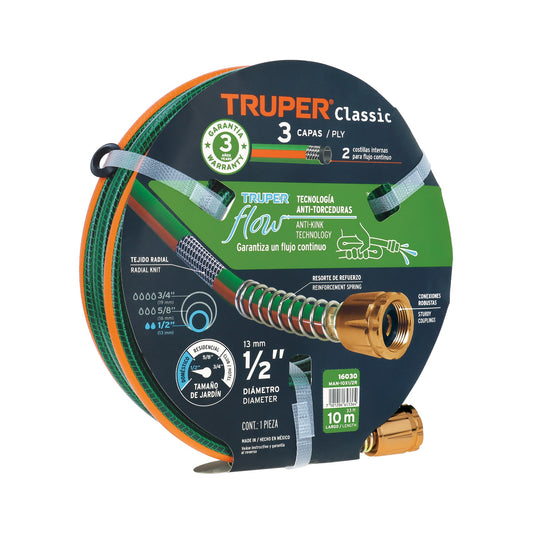 Manguera 1/2" reforzada 3 capas 10 m conexiones de metal