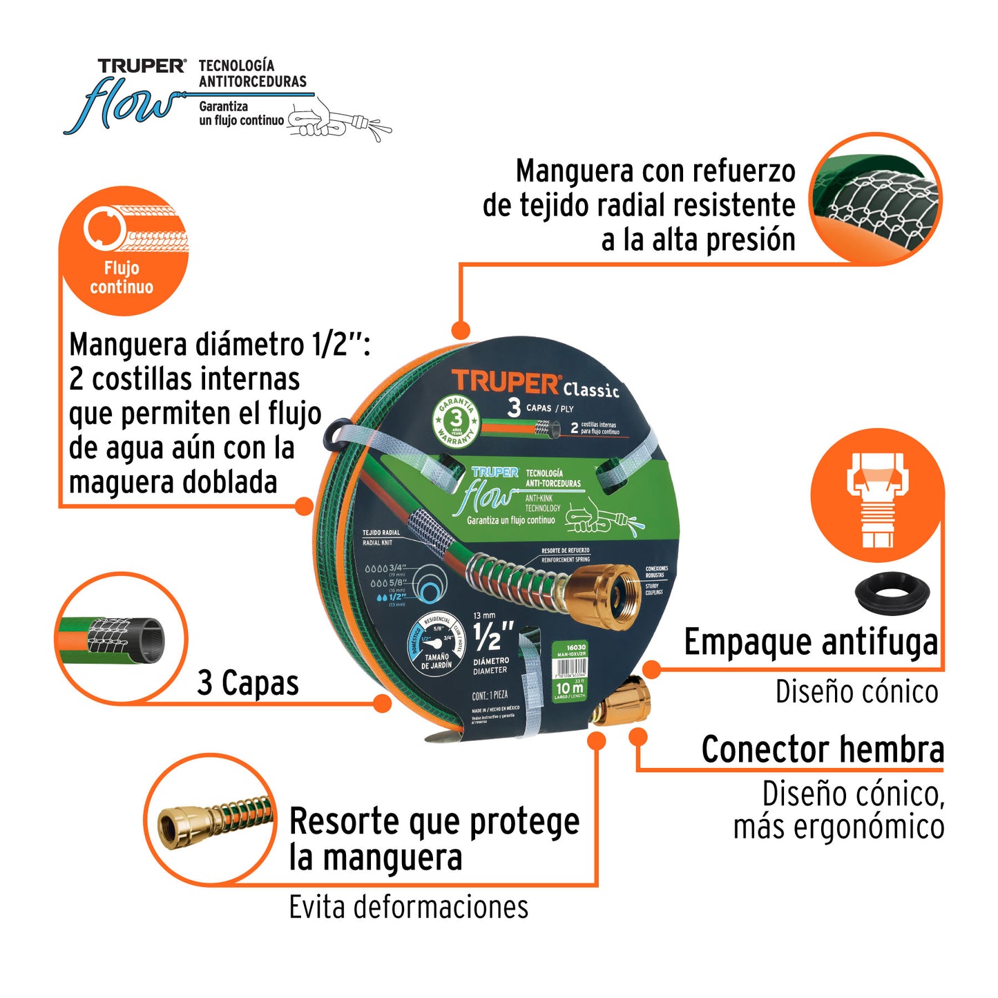 Manguera 1/2" reforzada 3 capas 10 m conexiones de metal